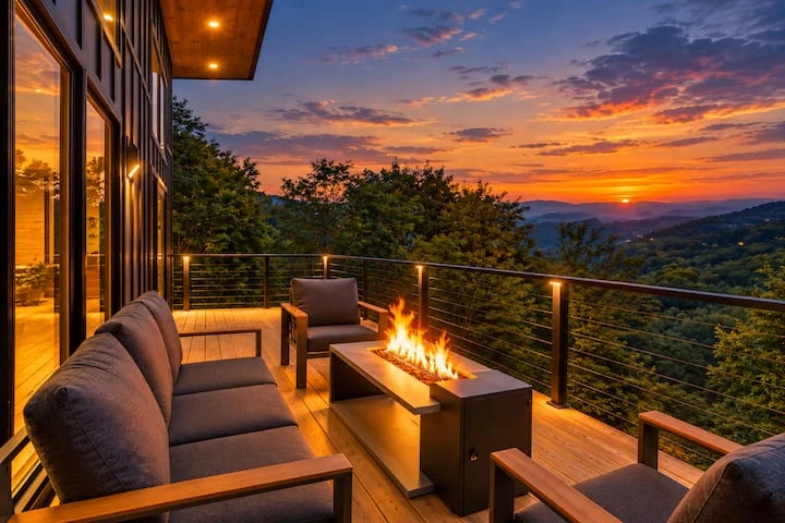 Deck with lounge seating overlooking the mountains at sunset