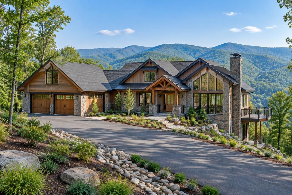 Concept timber-and-stone mountain house with a driveway and landscaped sloping site
