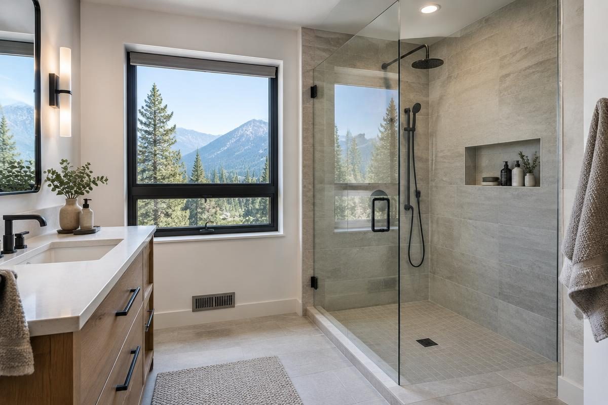 Concept bathroom with a tiled walk-in shower, glass enclosure, and wood vanity