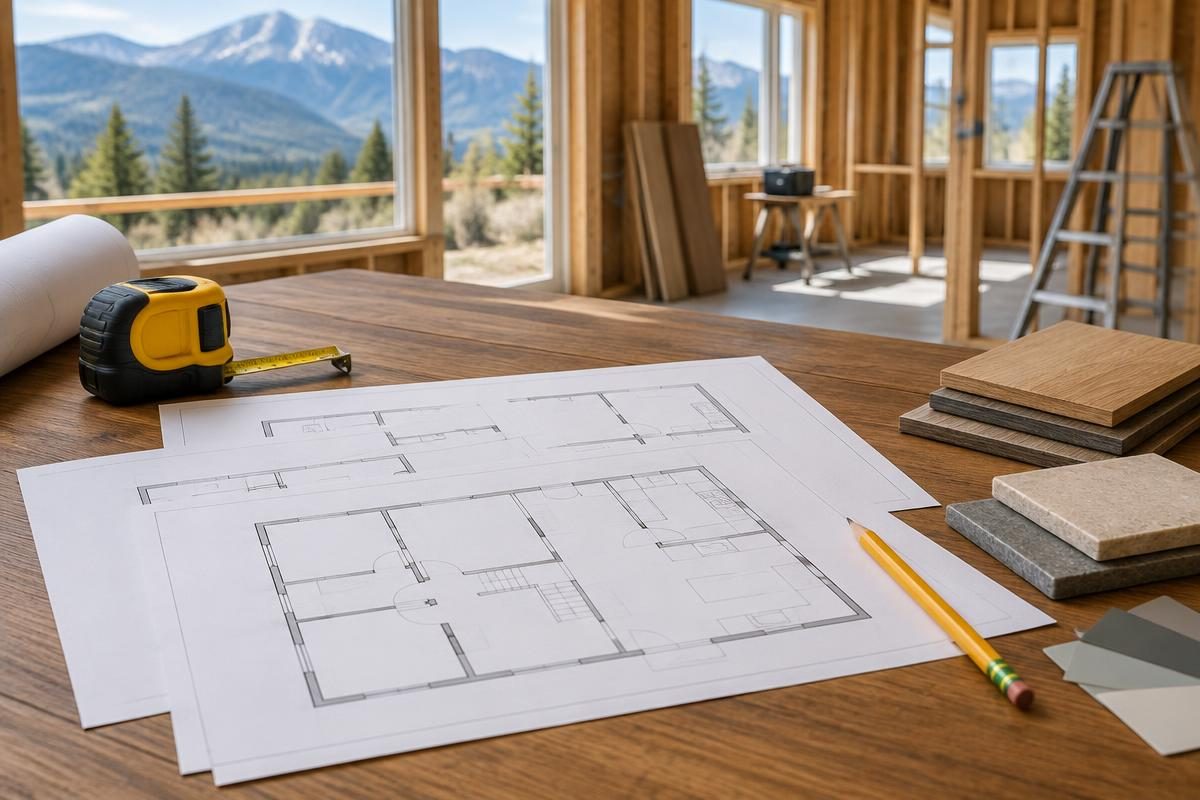 Concept construction workspace with floor plans, tape measure, pencil, and material samples