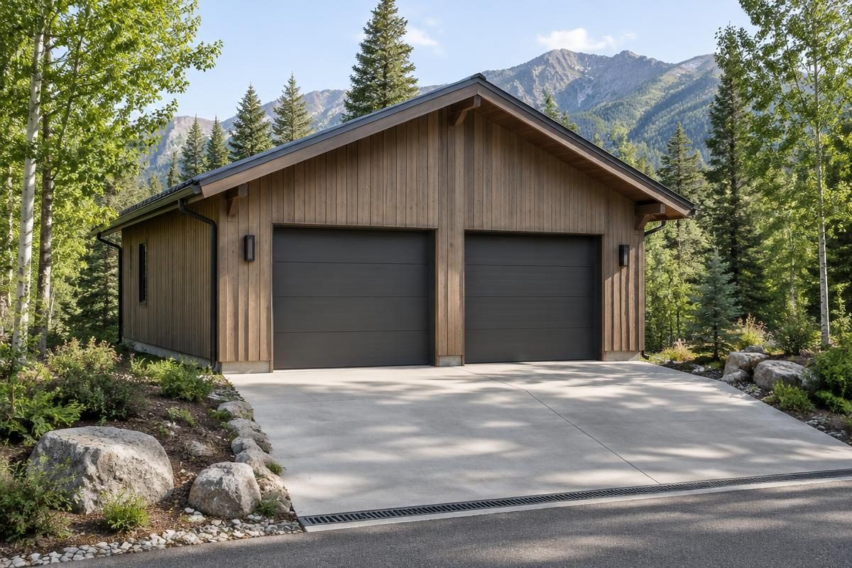 Concept detached wood-sided two-car garage with a driveway drainage channel