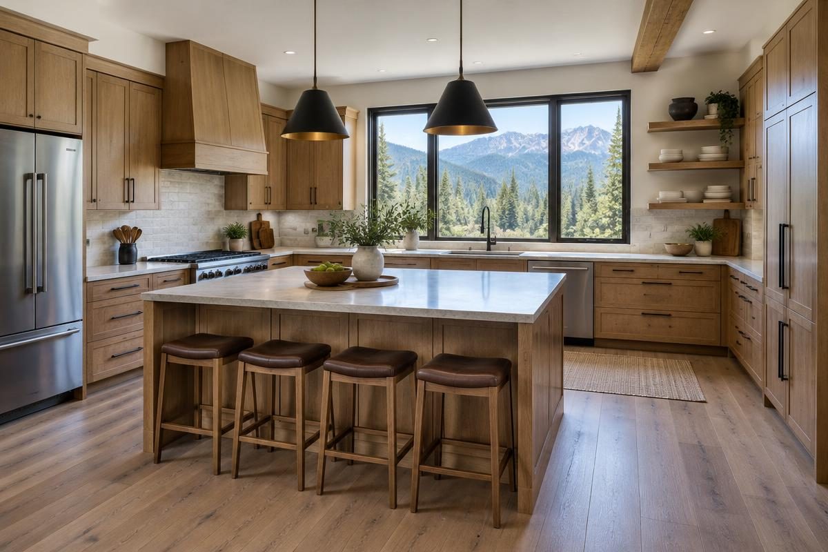 Concept kitchen with wood cabinetry, an island, and a large window