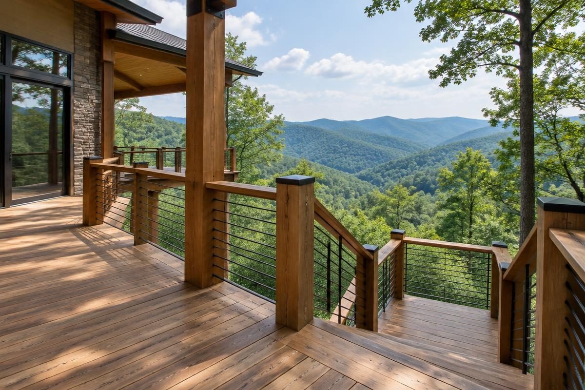 Concept timber deck with cable railings and stairs facing wooded mountain ridges