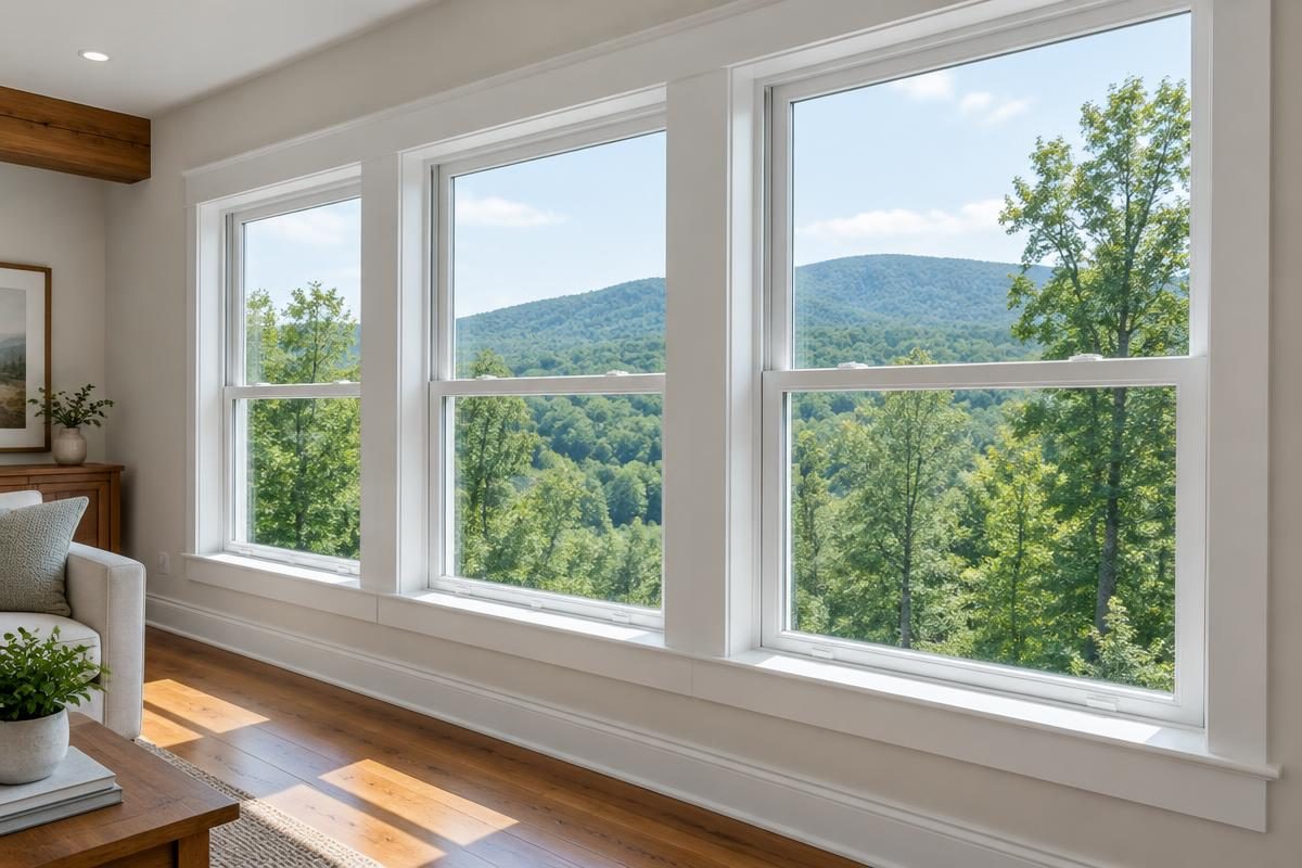 Concept white-framed double-hung windows with visible sash and trim overlooking trees